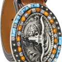 Western-Cowboy-Belts for Women Men Vintage Floral-Engraved Bull Head Buckle Cowgirl-Waist-Belt for 25 to 38" Waist (For Waist 27-32 in, Brown-blue Beads)