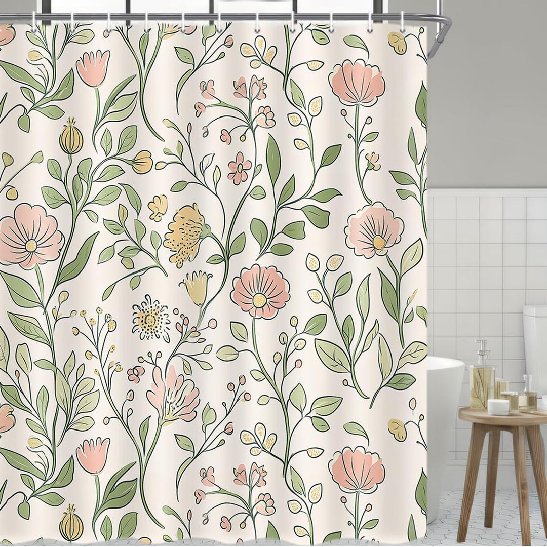Boho Farmhouse Floral Shower Curtain, Vintage Delicate Pink Yellow Flowers & Green Leaves Print Polyester Bath Curtains, Waterproof Curtain Set with Hooks Decorative Curtains for Bathroom Bathtub (72"W x 72"L (Pack of 1))