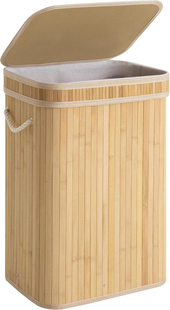 StorageWorks Laundry Hamper with Lid, Foldable Bamboo Laundry Basket, Clothes Hamper with Handles, Organizer and Storage for Laundry Room, Bedroom, Dorm, Natural, 2Pack