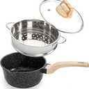Jucoan 2 Quart Nonstick Saucepan with Lid & Steamer Basket, Small Nonstick Saucepan Cooking Steamer Pot with Pour Spout, Induction Safe, Non Toxic Granite Coating