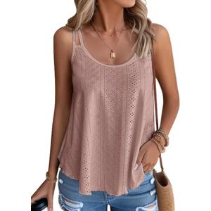 Women's Tank Tops Summer Sleeveless Casual Spaghetti Strap Blouses Eyelet Embroidery Loose Fit Tunic Shirts (Small, Dirty Pink)
