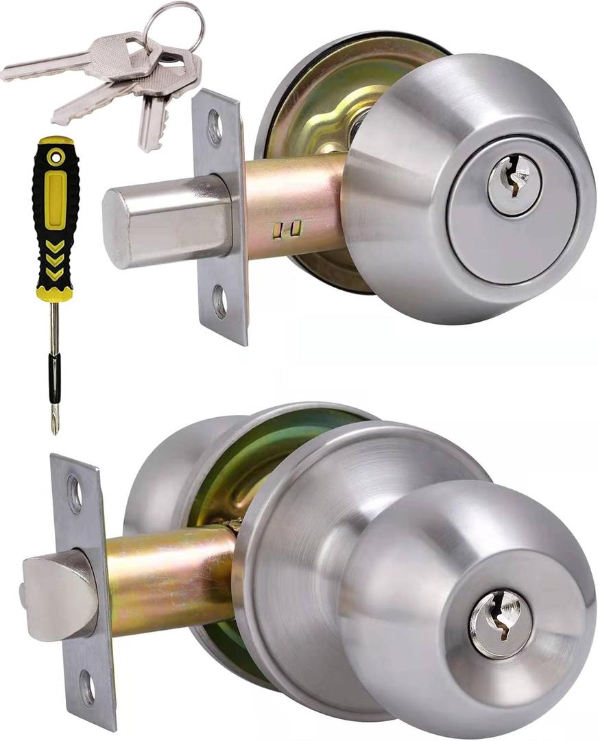 Lanwandeng All Keyed Same Entry Door Knob and Single Cylinder Deadbolt Combo Set, Satin Nickel Exterior Door Knobs with Lock and Keys for Entrance and Front Door (1 Pack)