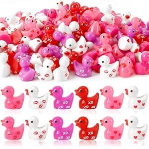 JUNEBRUSHS 50 Pcs Valentine's Day Mini Ducks, Pink Red Tiny Resin Ducks Heart Duck Figures Miniature Ornaments for Vase Filler Jewelry Making DIY Crafts Party Gifts Decorations