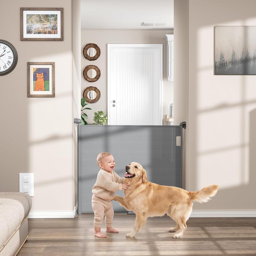 Babepai Retractable Baby Gates for Stairs, Retractable Dog Gate for Indoor/Outdoor Use | Child Gates for Doorways, Deck, Porch, Hallways, Patio (Grey, 55" Wide × 34" Height)