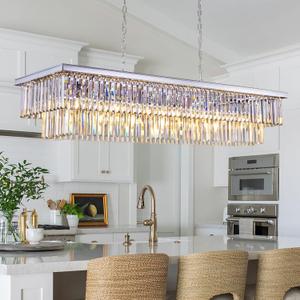 Wellmet Chrome Chandelier 57 inch, 13-Light Modern Rectangular Crystal Chandelier Ceiling Hanging, Linear Chandeliers Light Fixture for Living Room, Dining Room, Bedroom, Kitchen Island