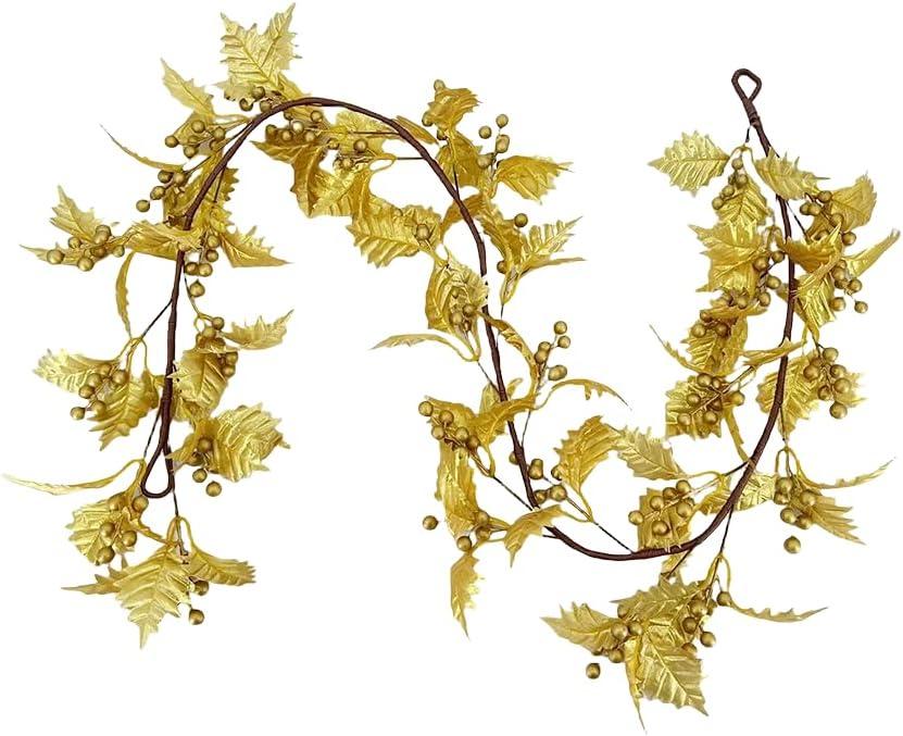 72inch Christams Garland for Front Door,Artificial Golden Leaves Paired with Golden Berries for Window, Wall, Porch, and Other Indoor and Out Door Home Decorations