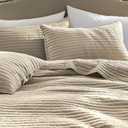 WDCOZY 100% Cotton Oversized King Size Quilt Set - Beige California Cal King Striped Pick Stitch Soft Lightweight Bedspread, Textured Like Linen, Farmhouse Country Rustic Coverlet, 3 Pieces