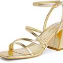 Modatope Women Gold Heels Strappy Chunky Heels for Women Gold Prom Shoes Open Toe Ankle Strap Chunky Block Heeled Sandals Size 11