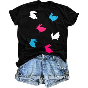 Easter Bunny Shirts for Women Happy Easter Shirts Funny Bunny Graphic Tees Easter Vacation Clothes Tops Black (Black, XXL)