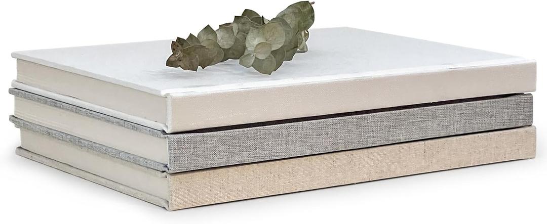 Decorative Linen Book Set  Set of 3 Extra Large Real Books | Coffee Table & Shelf Mantle Decor | Modern Home Decoration | Guest Book Journals (White, Grey, Cream)