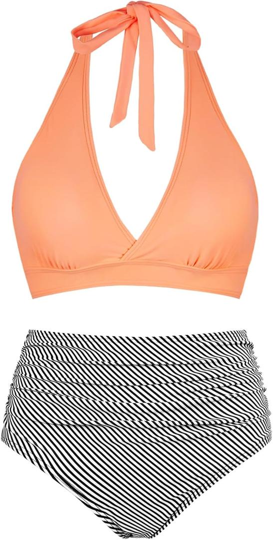 Women's Halter Bikini Sets High Waisted Tummy Control Swimsuit V Neck Push Up Bathing Suits (M)