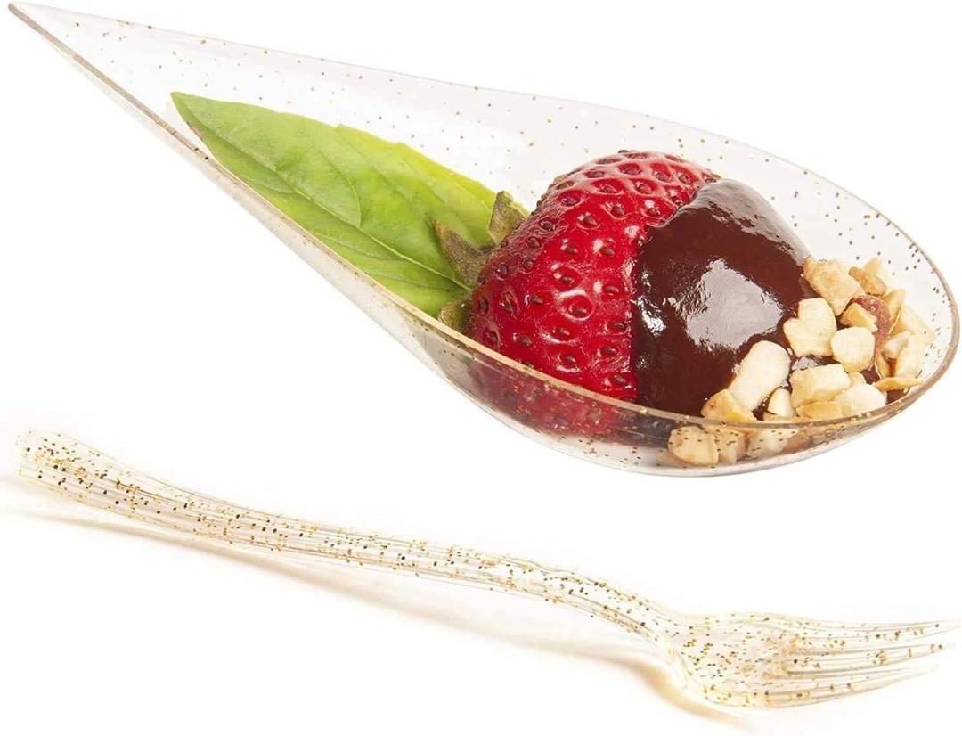 DLux 100 4-in Tear Drop Mini Appetizer Plates with Forks, Reusable Gold Glitter Clear Plastic Spoon - Dessert and Appetizers Dishes Serving Plate - Asian Spoon Set, Small Catering Dessert Tasting Cups (Gold Glitter (100 Dishes + 100 Forks))
