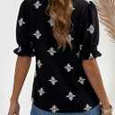 Dokotoo Womens Boho Floral Ruffle Shirt Puff Short Sleeve V Neck Blouse Top | 2026 Summer Fall,Puff Short Sleeve,V Neck,Dressy Casual,Boho Tops,Beach Vacation Tunic,Loose Fit,Flowy Clothes (Black, S)