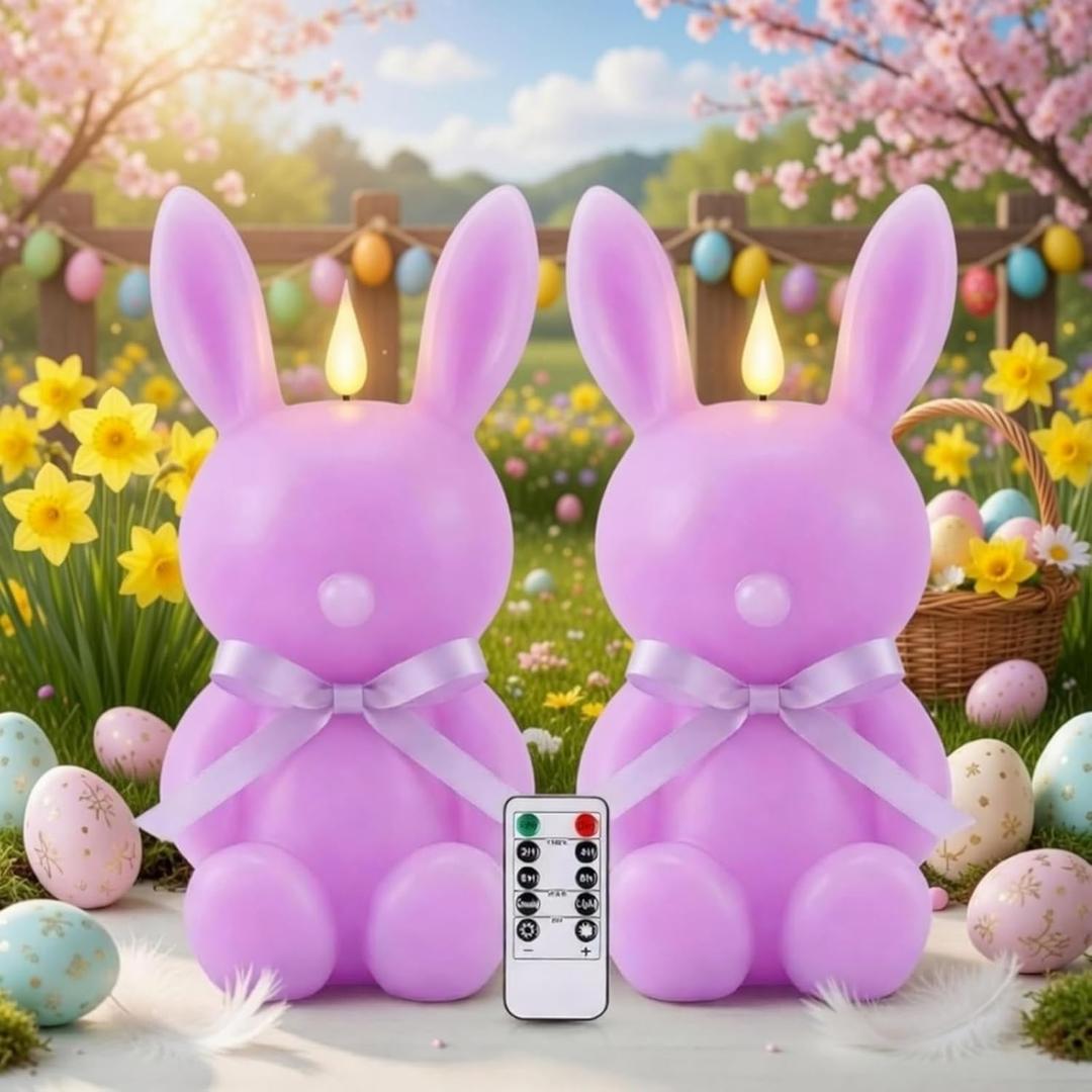 Baquler 2 Pcs Large Easter Bunny Led Flameless Candle 8 Inch Battery Operated Candles with Remote Real Wax Cute Rabbit Shape Candle with Bow 3D Flickering for Gift Home Party Decor (Purple)