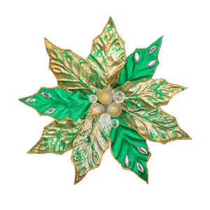 Hollyone 3PCS Poinsettia Christmas Flowers Artificial 11" Large Green and Gold Glitter Poinsettia Flowers Christmas Tree Ornament Floral Picks for Tree Wreath Garland Vase Table Centerpiece Home Decor