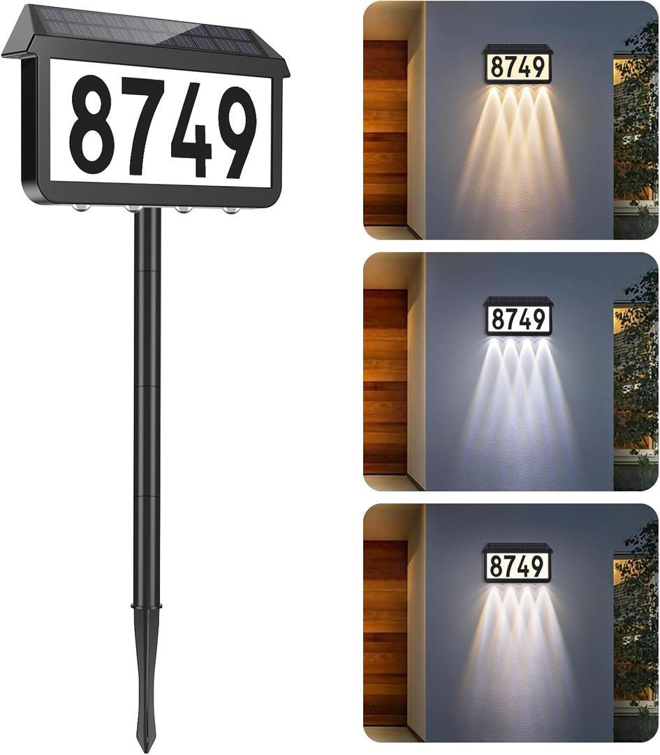 Brightever Solar Address Signs, House Number for Outside Waterproof, 3-Color LED Illuminated Address Plaques with Stake, Wall Mounted Solar Powered Light Up Address Numbers for Houses, 1-Pack (Black)