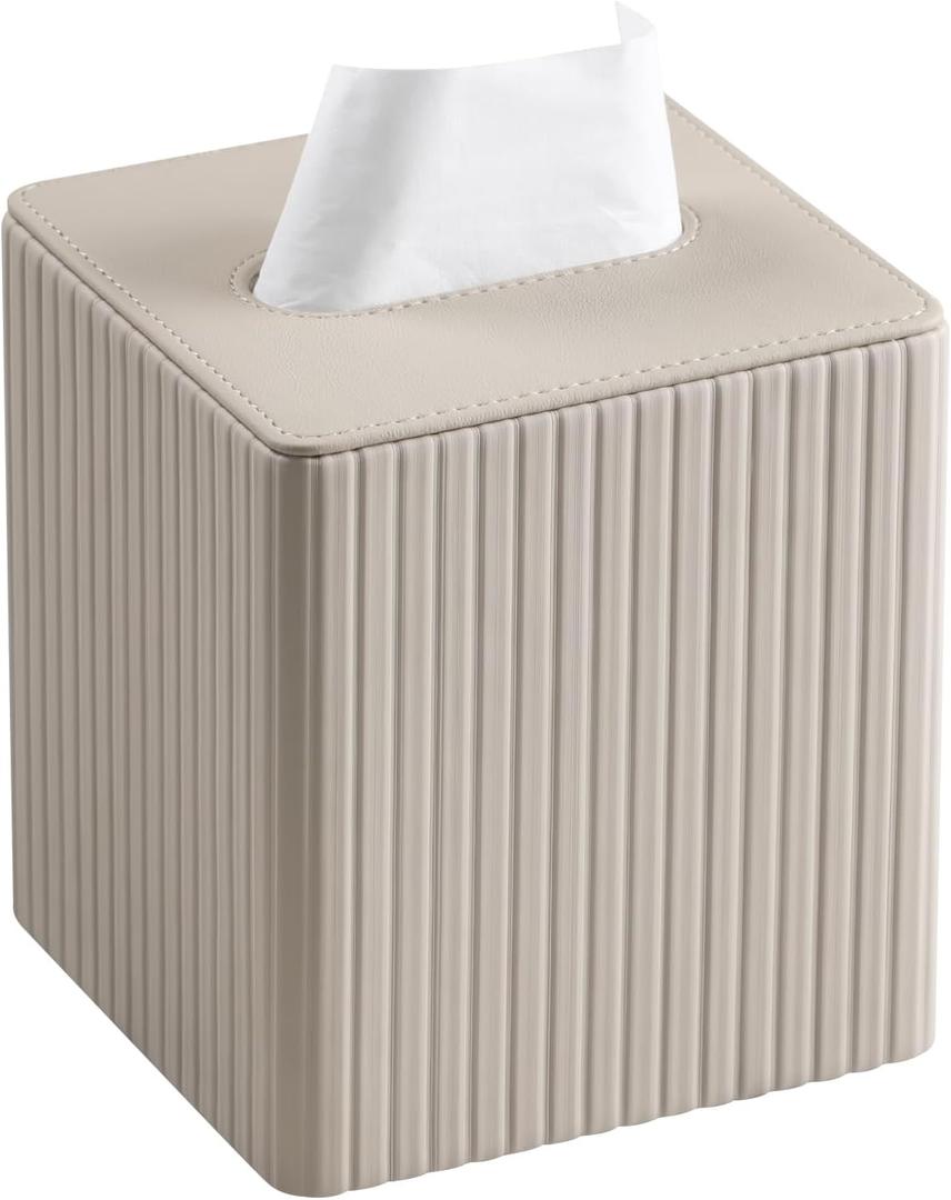 PU Leather Tissue Box Cover Square Tissue Box Holder with Magnetic Closure, Beige Stripe 