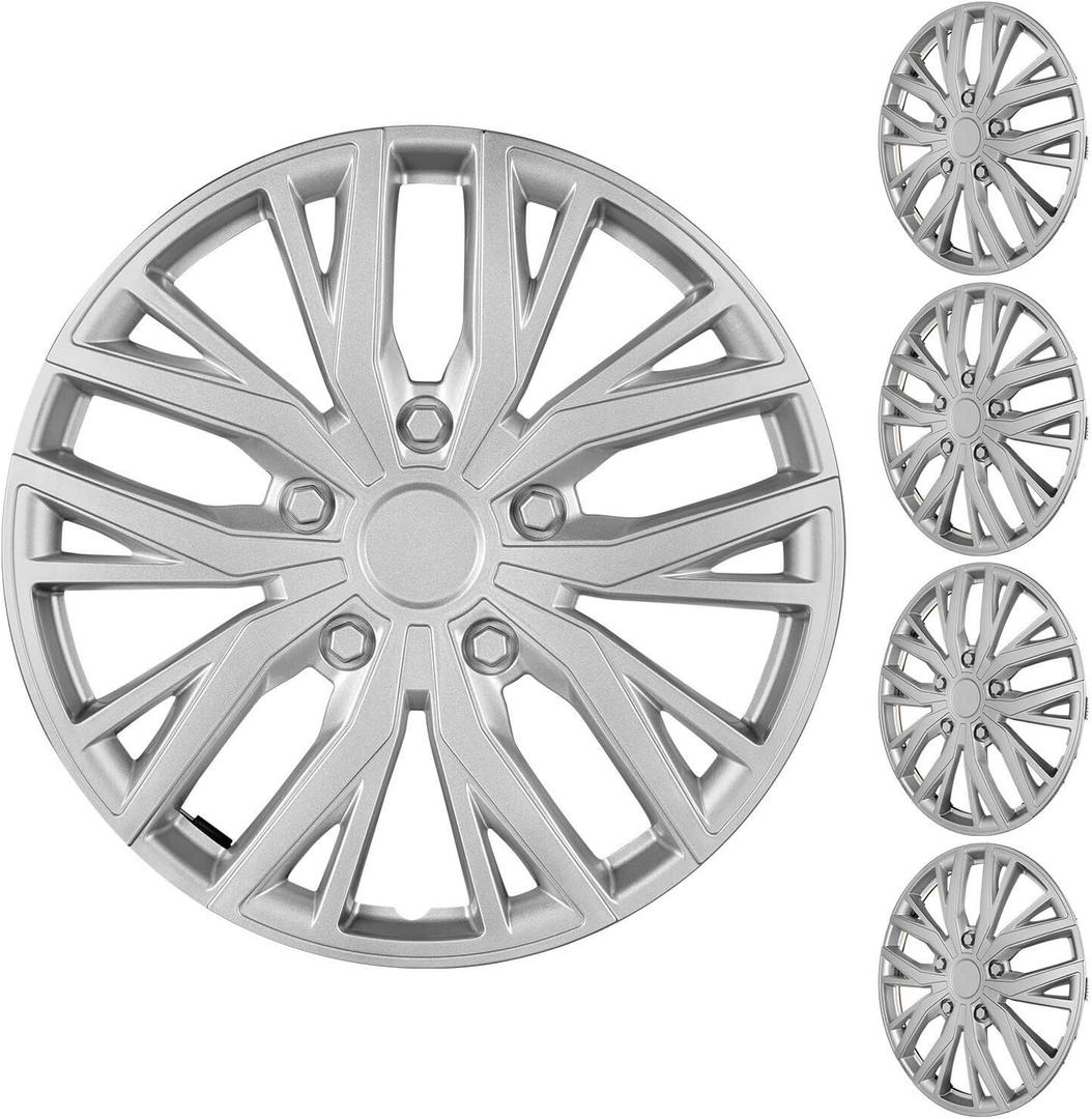15 Inch Universal Hubcaps Wheel Covers, Snap-On Wheel Rim Covers for Cars and SUVs, Compatible with Most Steel Wheels, Set of 4 (Silver)