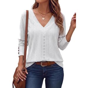 Dokotoo Womens Fall V Neck Long Sleeve Eyelet Embroidered Blouse (White, M)