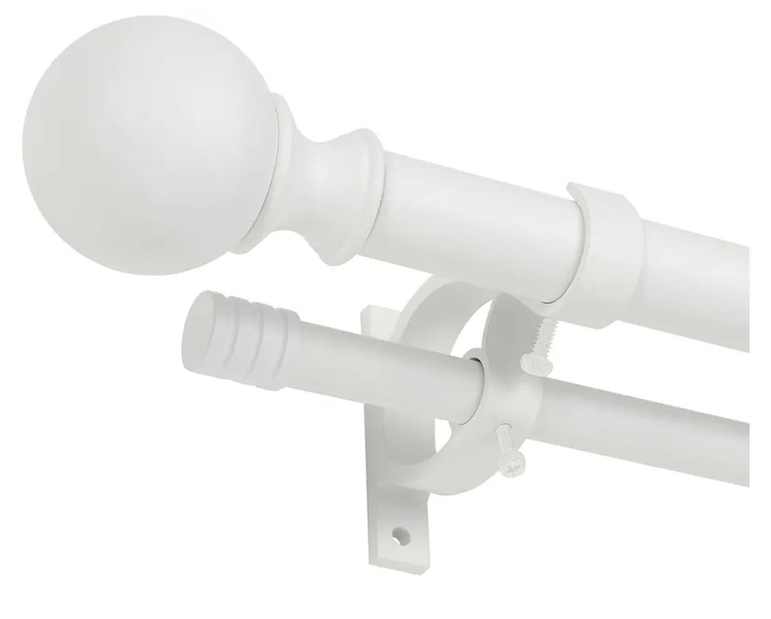 Double Curtain Rod 36 to 72 Inches, Adjustable Double Drapery Rod with Round & Barrel Finials, Window Treatment Decorative Curtain Rod, 1-Inch Front and 5/8 Inch Back Telescoping Curtain Rod White