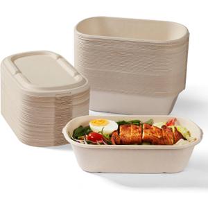 [100% Eco-Friendly] 34 oz Disposable Food Containers with Lids Sugarcane Pulp Take Out Containers, Biodegradable Lunch Box, Compostable and Microwave Safe To-Go Boxes for Meal Prep Pack of 50