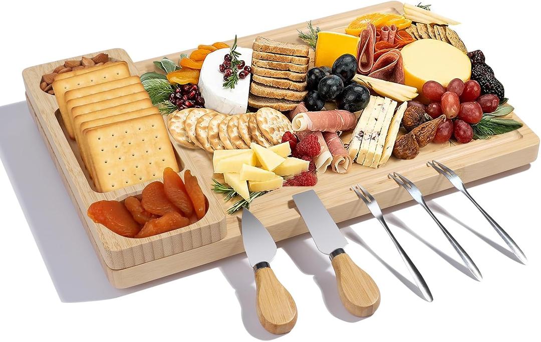 Premium Bamboo Cheese and Charcuterie Board Set - Large Wooden Serving Tray with Hidden Knife Storage, Cheese Knives & Forks - Perfect for Cheese, Meats, Fruits - Ideal Gift for Parties & Holidays