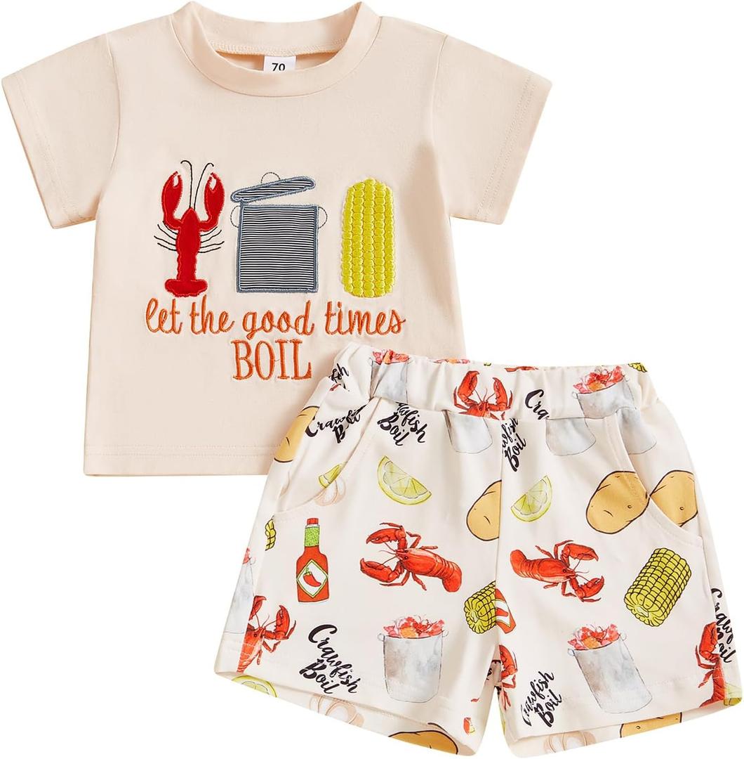 Madjtlqy Toddler Baby Boy Summer Clothes Short Sleeve T Shirt Top Casual Shorts Set Cute Infant Boys Shorts Set (6-12 Months, Beige Eat Crayfish)
