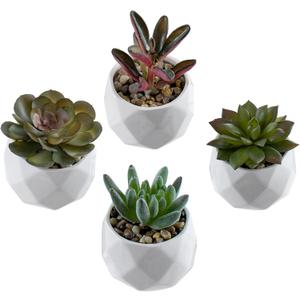 MyGift Miniature Artificial Succulents, Indoor Fake House Plants in Round White Geometric Ceramic Pots, Set of 4