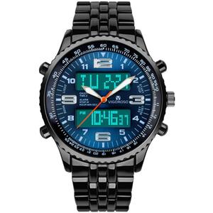VIGOROSO Men's LED Analog Digital Watch Men Date Week Sports All Black Steel Mens Watch for Men