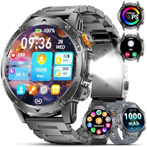 Military Smart Watches for Men(3 Bands),1000mAh/1.75" HD Large Screen Smartwatch, Flashlight/110+ Sports Modes/IP68 Waterproof/Sleep Monitor Fitness Tracker Watch for Android iOS,Gunmetal