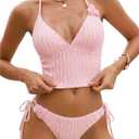 ZAFUL Women's V Neck Tummy Control High Waisted Tankini Swimsuits | Adjustable Spaghetti Strap, Sexy Plunging Neck, Tummy Control Tank Top, Tie Side Cheeky Bikini Bottom, 2 Piece Bathing Suit (Pink, M)