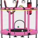 Trampoline for Kids, Upgrade Full Anti-Rust 440lbs Indoor Outdoor Toddler Trampoline with Net, 55" Adjustable Baby Toddler Trampolines Accessories with 8 Toys Dart Board (B-Pink)