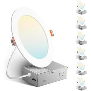 Amico  6 Inch 5CCT Ultra-Thin LED Recessed Ceiling Light with Metal Junction Box, 2700K-5000K Selectable, 12W Eqv 110W, Dimmable Canless Wafer Downlight with Plastic Trim, 1050 Lumens -ETL&FCC