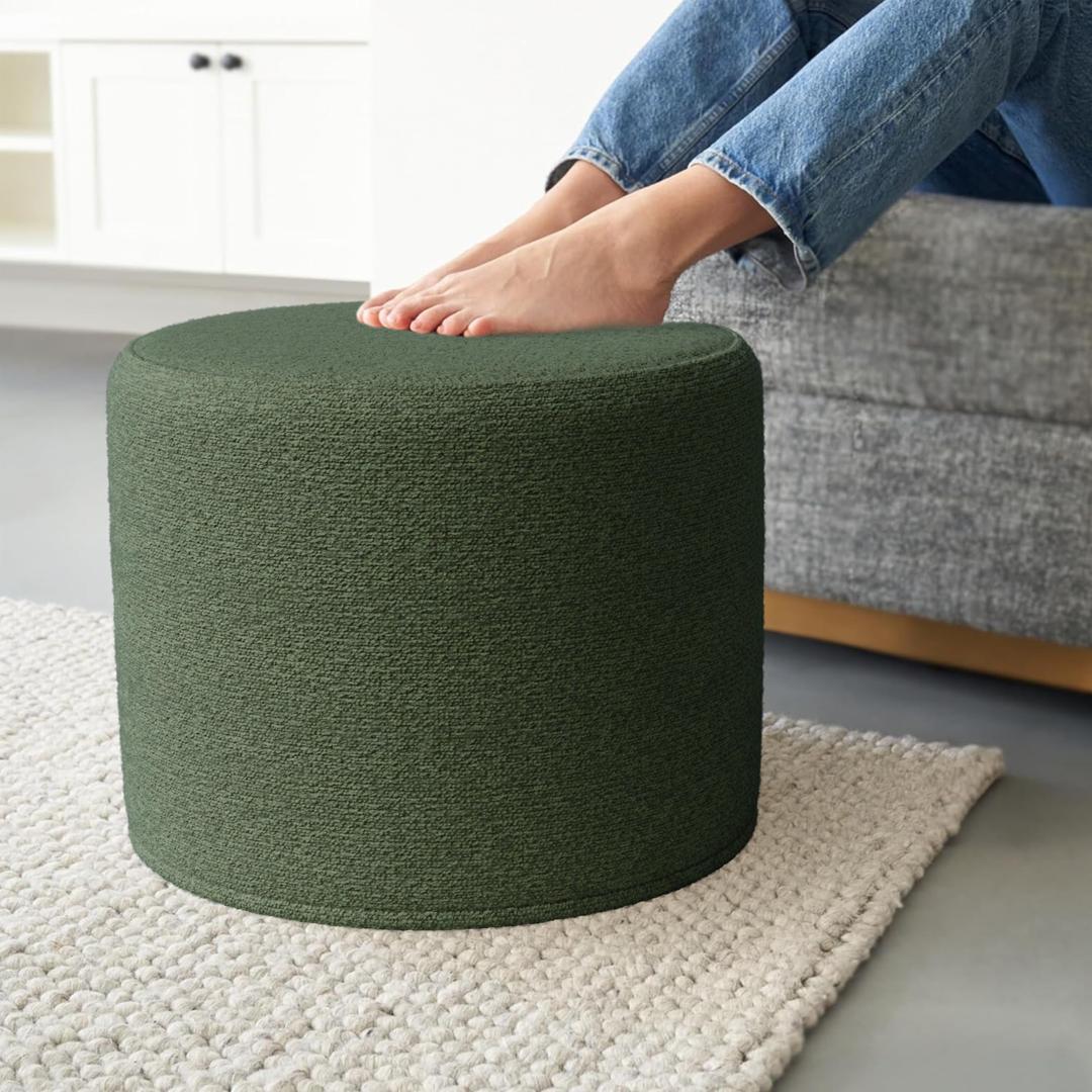 ZICOTO Beautiful Boucle Pouf Ottoman and Foot Rest - Elevate Your Living Room Decor with Lightweight Comfort and Charm - A Round Modern Foam Filled Foot Stool Perfect to Rest Your Feet (Green)