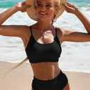 Fanuerg Women's Ribbed High Waisted Bikini Sets Scoop Neck Two Piece Swimsuits Spaghetti Strap Textured Bathing Suit (Black, S)