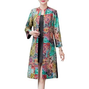 Women's Abstract Flowers Tri-button Crinkled Reversible Chinese Jacket (X-Large, Multicolor)