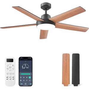 Ceiling Fans with Lights, 52 Inch, 6 Speeds, Stepless Color Tones, Dimmable LED, Quiet Reversible DC Motor, Timer, Black Ceiling Fan for Bedroom, Remote/APP/Wall Switch Control, Easy to Install