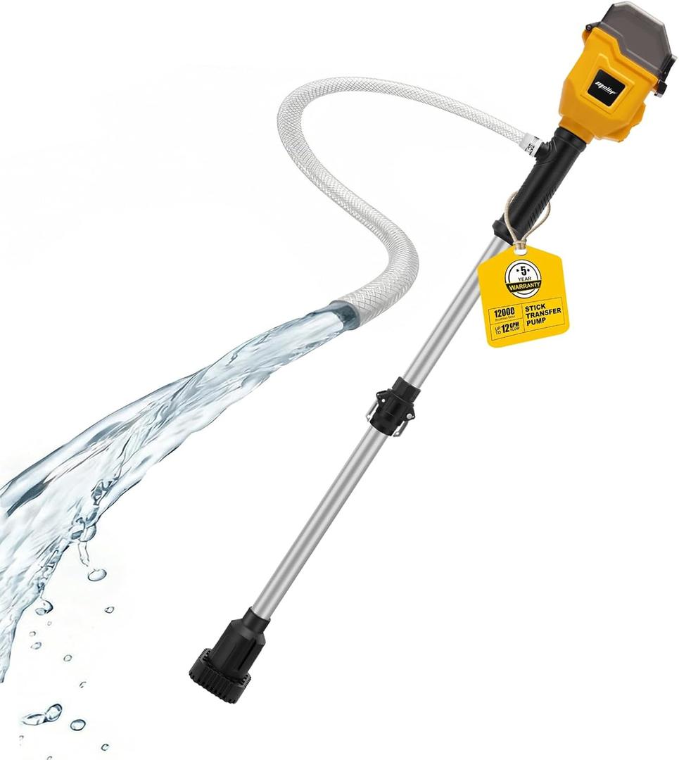 Stick Water Transfer Pump for Dewalt 20V Battery (No Battery)for Water, Oil, and Fluids, 960 GPH, 3 Adjustable Speeds, 32FT Max Head, Cordless Design, Brushless Motor. Comes with two silver tubes.