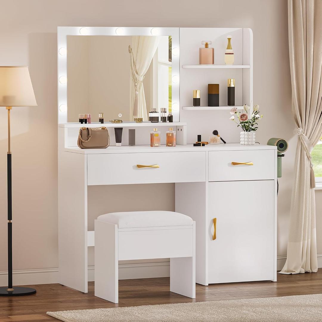 YITAHOME Vanity Desk with Mirror, Makeup Vanity Set with Power Strip, 9 Dimmable Bulbs, Drawers, Cabinet, Shelves, and Stool, 3-Color Adjustable Lighting, Elegant Vanity for Dressing Room, White