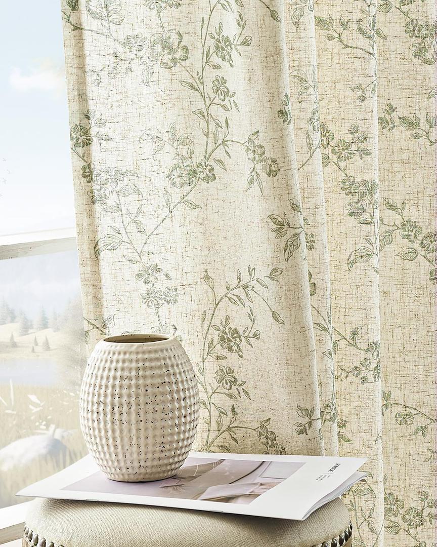 jinchan Linen Floral Curtains for Living Room 84 Inch Length Sage Green Printed Curtains Back Tab French Country Farmhouse Flower Patterned Drapes Bedroom Window Curtain Set 2 Panels