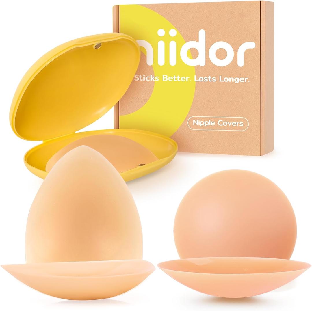 Niidor Adhesive Nipple Covers for Women Seamless Invisible Pasties Reusable Silicone Breast Petals for Daily Wear (Small, 2 Pairs-a-caramel)