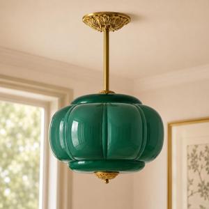 MIXL-Milk Glass Semi Flush Mount Ceiling Light,Pumpkin Shade Large Green Pendant Light,15 Inches Schoolhouse Lighting,Mid Century Modern Ceiling Lamp for Study Room Office, 14.96 Inches