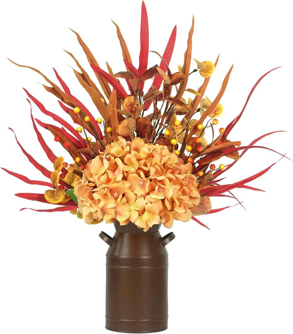 2 x Artificial Fall Flowers with Metal Pot, Orange Silk Fall Leaves Stems with Hydrangea Berry Branches & Eucalyptus for Autumn Thanksgiving Table Centerpiece Decor (Red and Orange)
