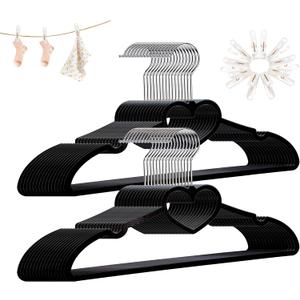 Plastic Hangers 30 Pack, Heart-Shaped Clothes Hanger Ultra Thin Space Saving - Black Slim Hangers with 360 Degree Swivel Hook & Clips -Strong Durable Adult Coat Hangers for Dress, Shirts, Coats