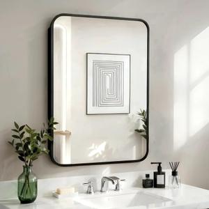 Bathroom Medicine Cabinet with Black Metal Framed Mirror, Recessed or Wall Mount Bathroom Vanity with Wood Storage Shelves 17.5x26 inch