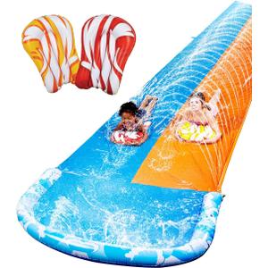 32.5FT Water Slide and 2 Inflatable Boards, Extra Long Double Lawn Heavy Duty Splash Mat Pad with Sprinkler for Kids Adults Backyard Summer Water Toy Outdoor Fun, Blue, Orange