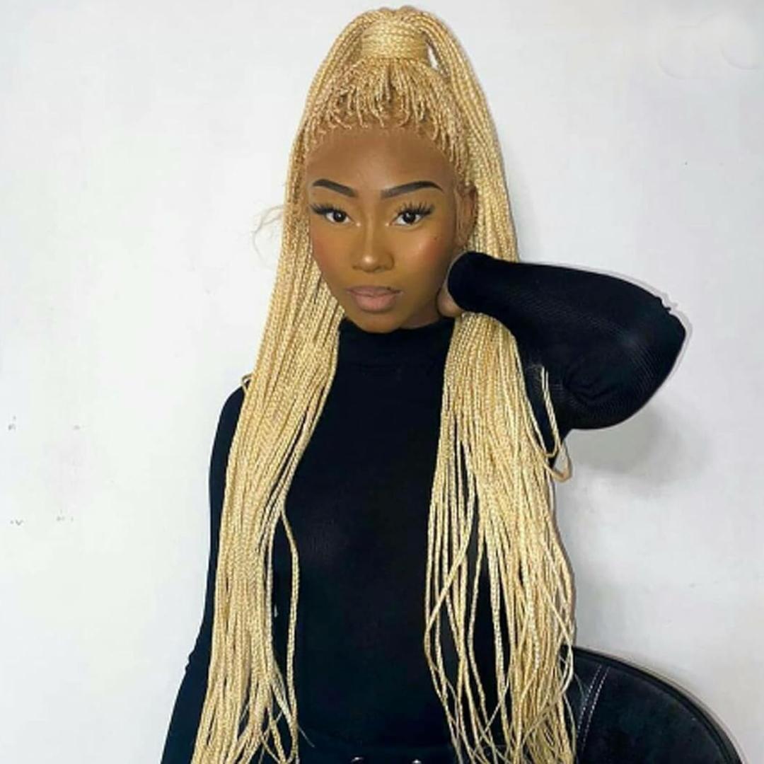 613 Blonde Braided Wig Long Cornrow Knotless Braid Wig for Women Handmade Micro Pre Braided Box Braids Lace Wig Natural Hairline Glueless Synthetic Heat Resistant Fiber Hair Cosplay Daily 26Inch