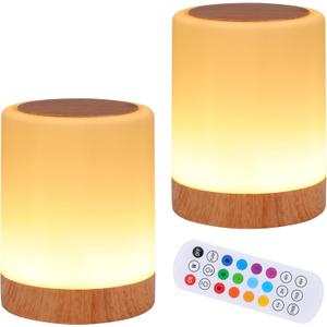 OORUN Touch Bedside Table Lamp,13 RGB Colors & 5 Brightness, USB Rechargeable Desk Lamp, Remote Control Dimmable Light with RGB Color Changing,Portable Lamp for Baby (2 Pack Brown)
