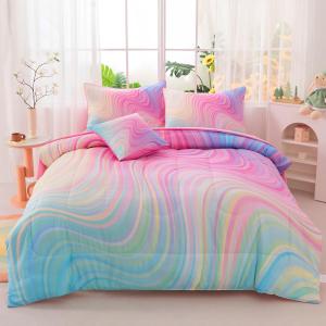 Girls Full Bedding Sets, 6 Pcs Pink Full Szie Comforter Set with Sheets, Tie Dye Superior Blue Pink Rainbow Bedding Set for Girls Kids (Wave)