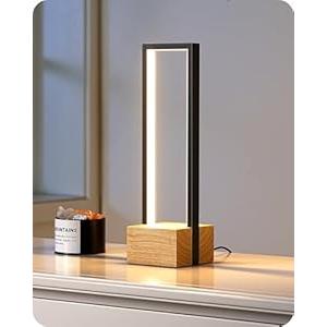 EDISHINE Modern Table Lamp, Dimmable LED Bedside Lamp with 3 Color Temps 3000K 4500K 6000K, Black Square Aluminum Frame, Complete Wooden Base, Nightstand Lamp for Bedroom